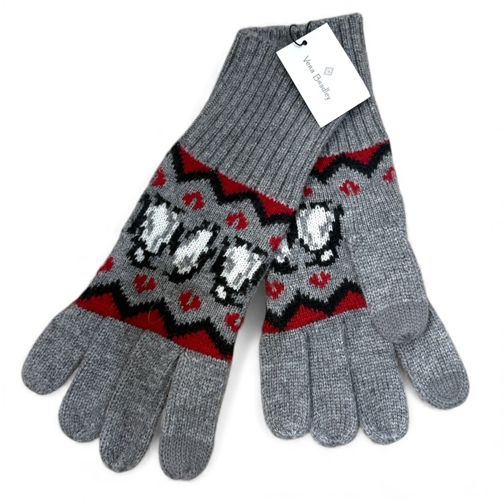 Vera Bradley NWT Jacquard Tech Winter Gloves Penguins - Red / Grey - Picture 2 of 3